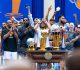 Knicks reverse course, hang banner for NBA Cup title